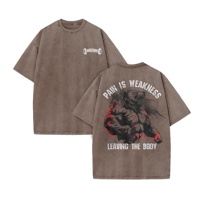 100% Cotton Pain Is  Weakness Leaving The Body Gym Print Acid Washed T-shirt - Coffee - US20-22(3XL) - image 7