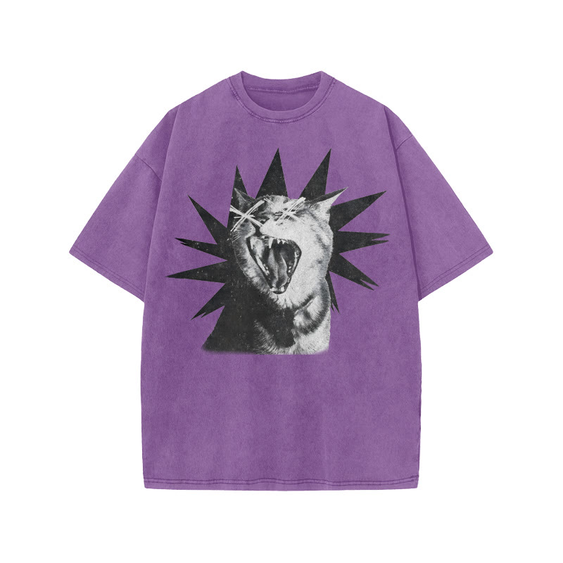 Unisex 100% Cotton Shout Cat Print Acid Washed T-shirt - Purple - US20-22(3XL) - image 9