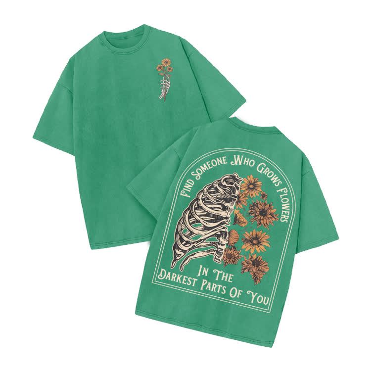 Vintage Floral Ribcage Print Acid Washed T-Shirt - Green - US20-22(3XL) - image 8