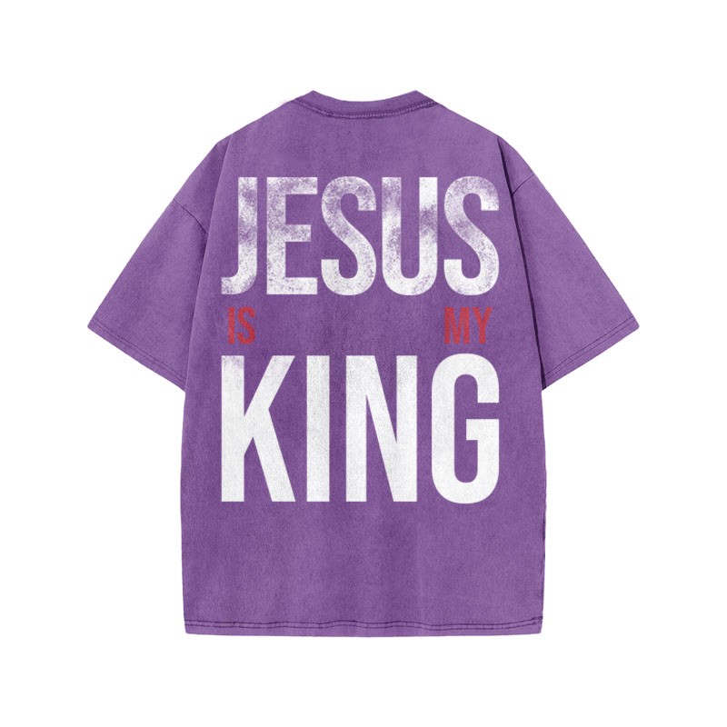 Jesus Is My King Distressed Print Acid Washed T-shirt - Purple - US20-22(3XL) - image 9