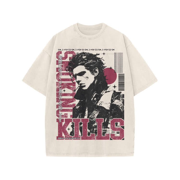 Vintage Smoking Kills Artwork Graphic Print Acid Washed T-Shirt - Beige - US20-22(3XL) - image 3