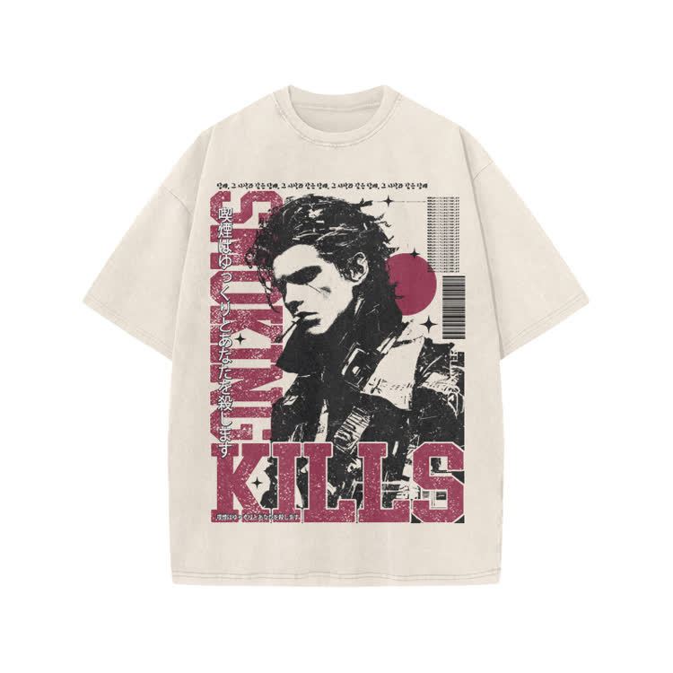 Vintage Smoking Kills Artwork Graphic Print Acid Washed T-Shirt - Beige - US20-22(3XL) - image 3