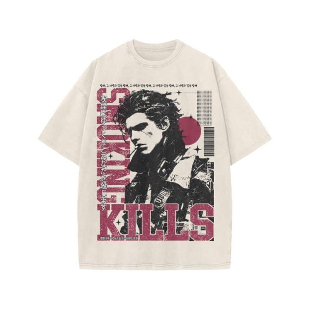 Vintage Smoking Kills Artwork Graphic Print Acid Washed T-Shirt - Beige - US20-22(3XL) - image 3