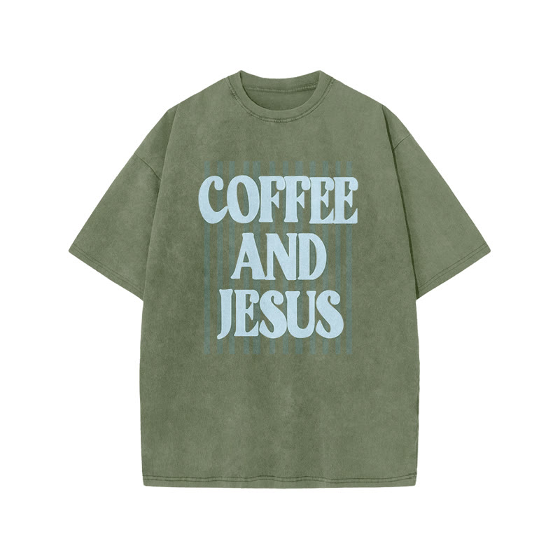 Unisex 100% Cotton Coffee And Jesus Print Acid Washed T-shirt - Army Green - US20-22(3XL) - image 7