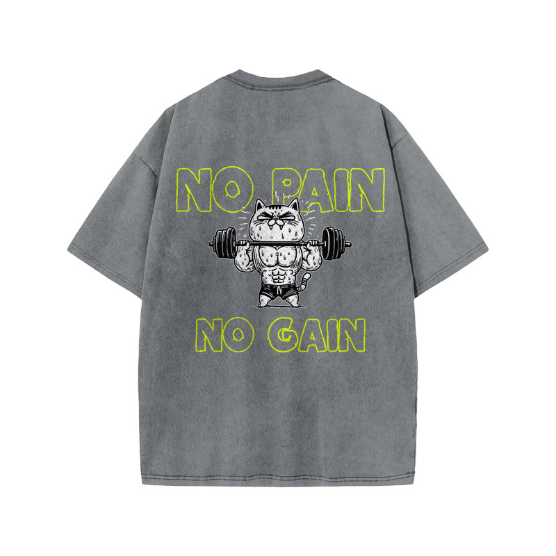 100% Cotton NO PAIN NO GAIN Gym Print Acid Washed T-shirt - Grey - US20-22(3XL) - image 4