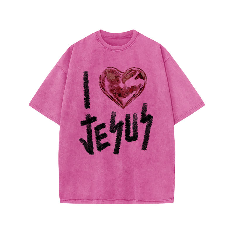 Unisex 100% Cotton I Love Jesus Print Acid Washed T-shirt - Pink - US20-22(3XL) - image 7