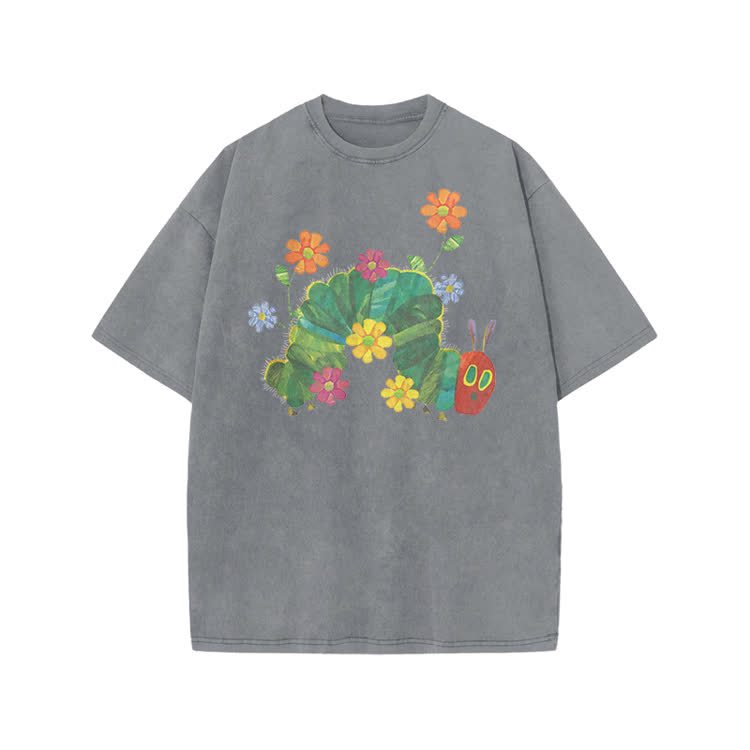 Playful Cartoon Floral Graphic Print Acid Washed T-Shirt - Grey - US20-22(3XL) - image 5