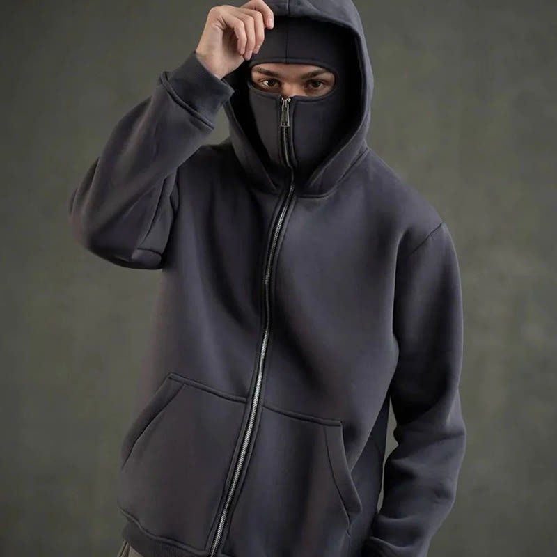 Unisex Solid Color Zipper Double Layer Hat Hoodie - Grey - US20-22(3XL) - image 4