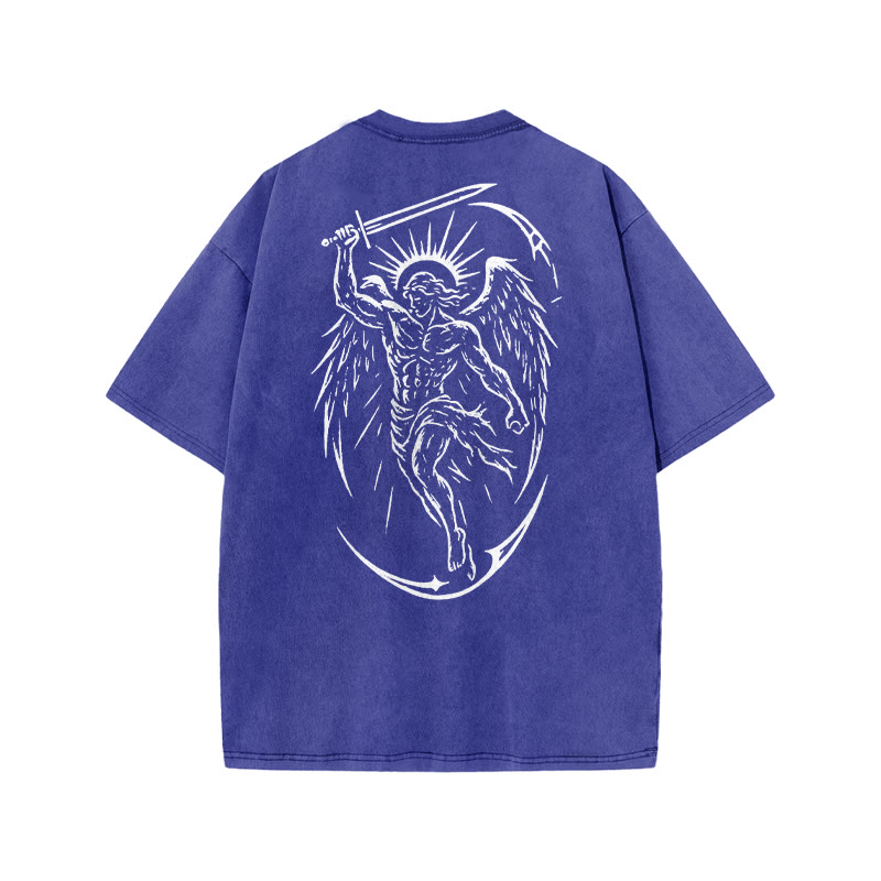 Unisex The Archangel Print Acid Washed T-shirt - Blue - US20-22(3XL) - image 9