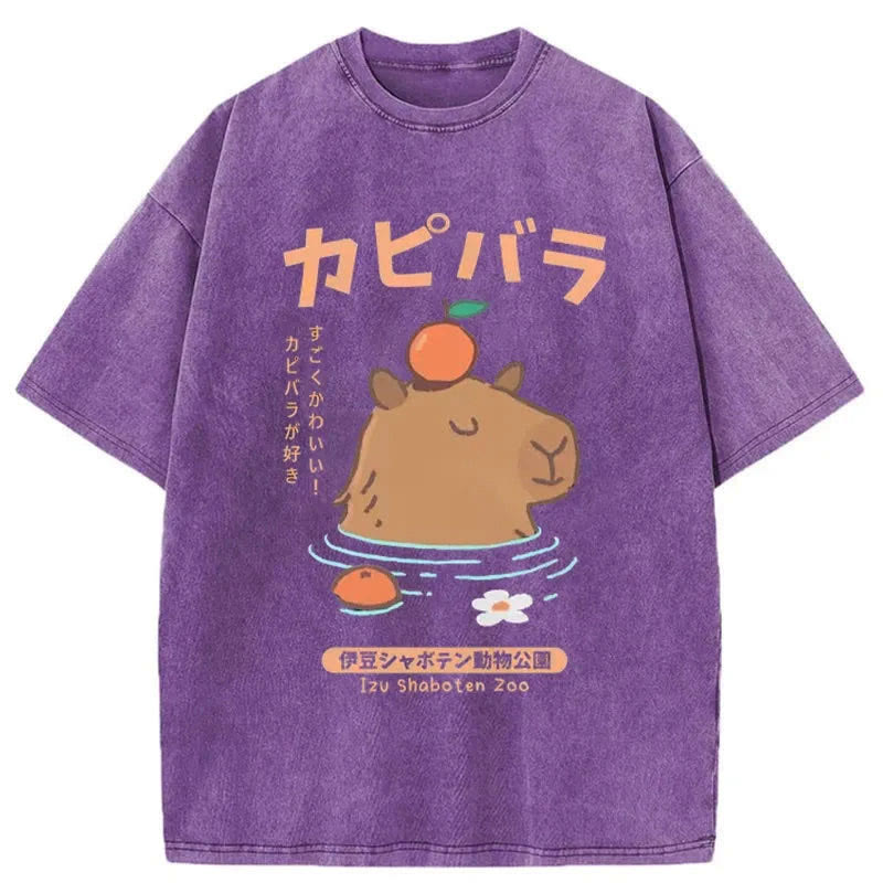 Unisex 100% Cotton Capybara Soaking In Hot Springs Print Acid Washed T-shirt