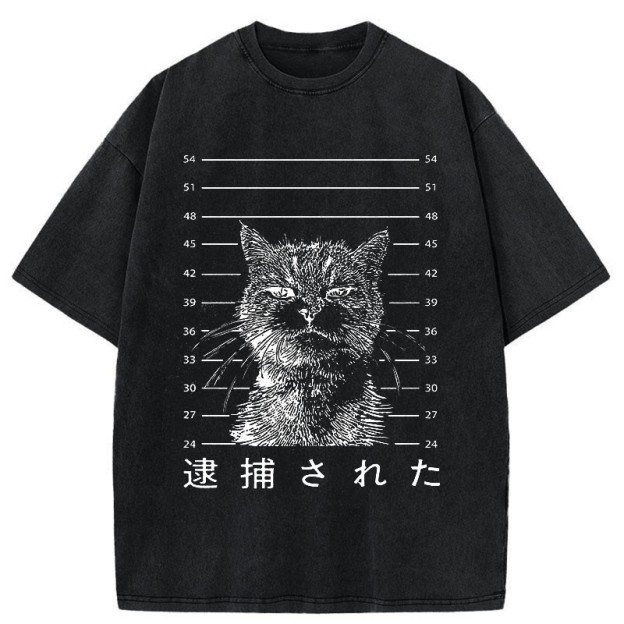 Unisex 100% Cotton Cat That Was Arrested Print Acid Washed T-shirt