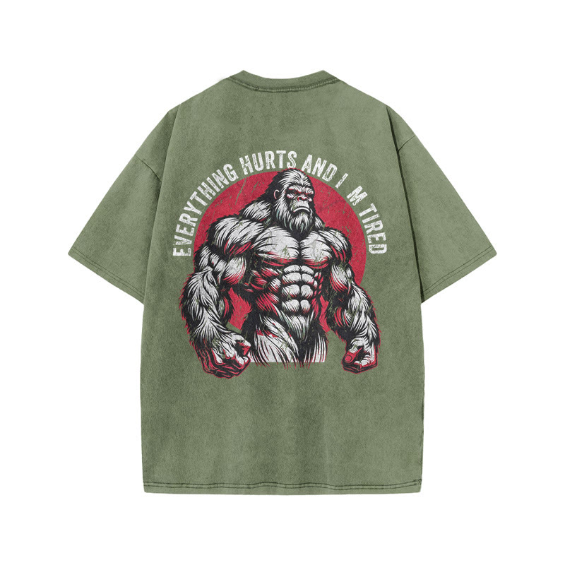 100% Cotton Everything Hurts And I'm Tired Gym Print Acid Washed T-shirt - Army Green - US20-22(3XL) - image 8
