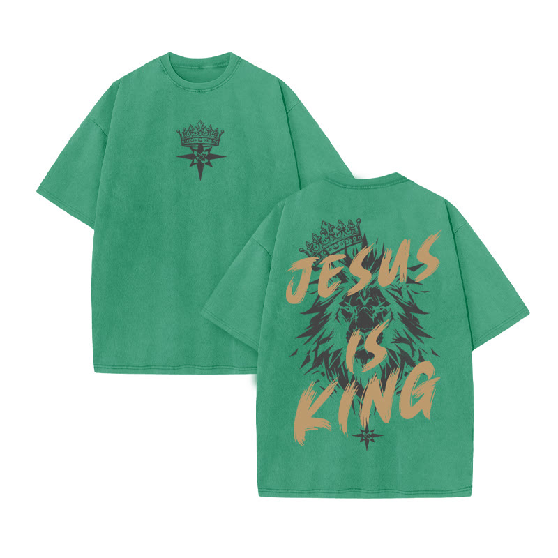 Unisex 100% Cotton JESUS IS KING print Acid Washed T-shirt - Green - US20-22(3XL) - image 4