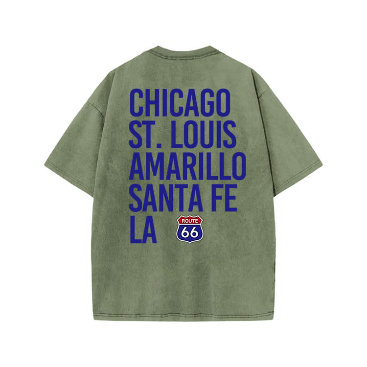 Vintage Route 66 City Print Graphic Print Acid Washed T-shirt - Army Green - US20-22(3XL) - image 9
