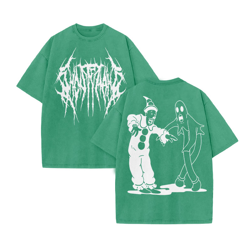 Unisex Clown And Ghost Print Acid Washed T-shirt - Green - US20-22(3XL) - image 6