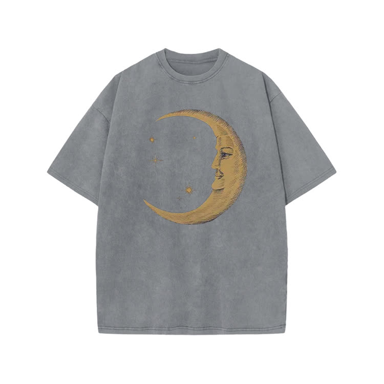 Vintage Moon Face Print Acid Washed T-shirt - Grey - US20-22(3XL) - image 3