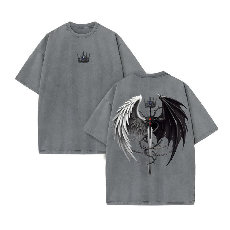 Unisex Angel And Devil Wings Design Print Acid Washed T-shirt - Grey - US20-22(3XL) - image 5