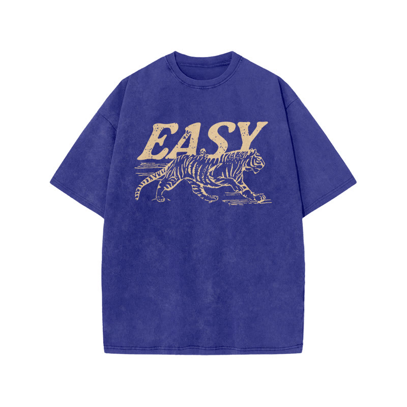 Unisex 100% Cotton Easy Tiger Print Acid Washed T-shirt