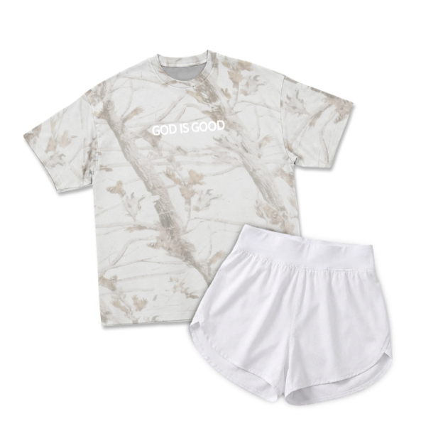 Vintage Camo GOD IS GOOD Print T-Shirt & Short Two Piece Set - Ivory Branch - 2XL - image 6