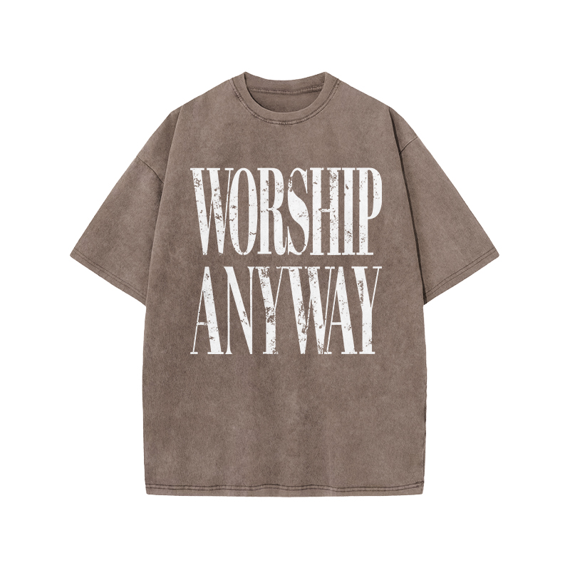 Vintage Worship Anyway Graphic Print Acid Washed T-Shirt - Coffee - US20-22(3XL) - image 5