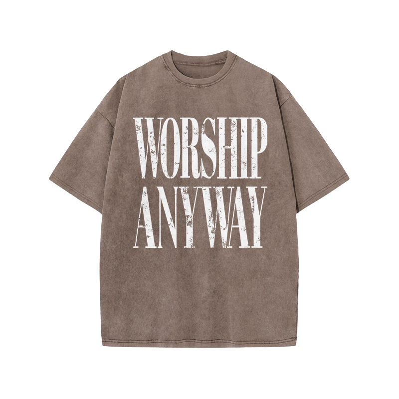 Vintage Worship Anyway Graphic Print Acid Washed T-Shirt - Coffee - US20-22(3XL) - image 5