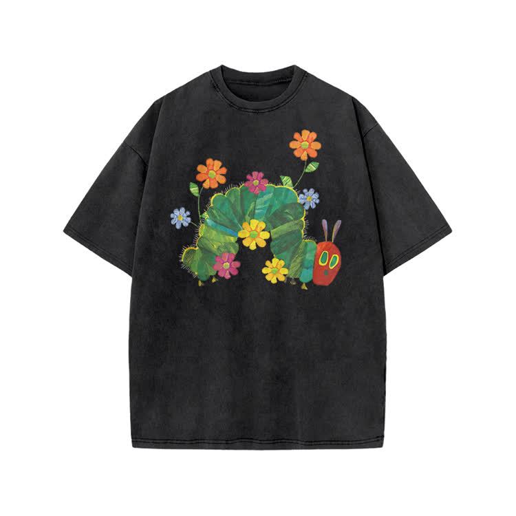 Playful Cartoon Floral Graphic Print Acid Washed T-Shirt - Black - US20-22(3XL) - image 3