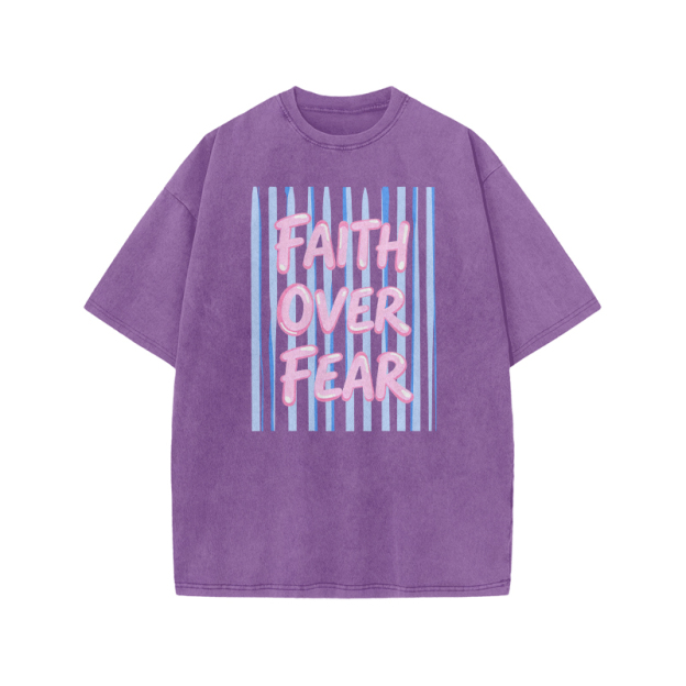 Faith Over Fear Stripe Print Acid Washed T-shirt - Purple - US20-22(3XL) - image 7