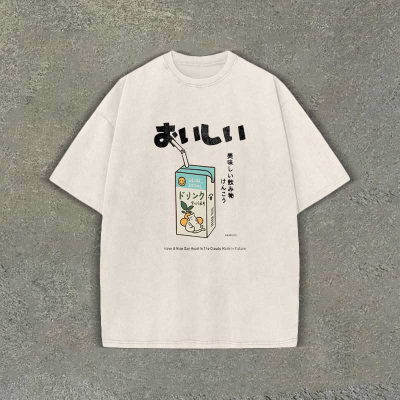Unisex 100% Cotton Japanese Drink Pattern Letter Print Acid Washed T-shirt