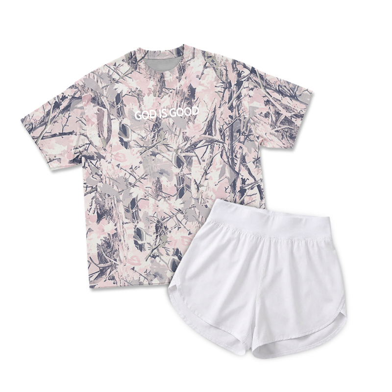 Vintage Camo GOD IS GOOD Print T-Shirt & Short Two Piece Set - Pink Camo - 2XL - image 17