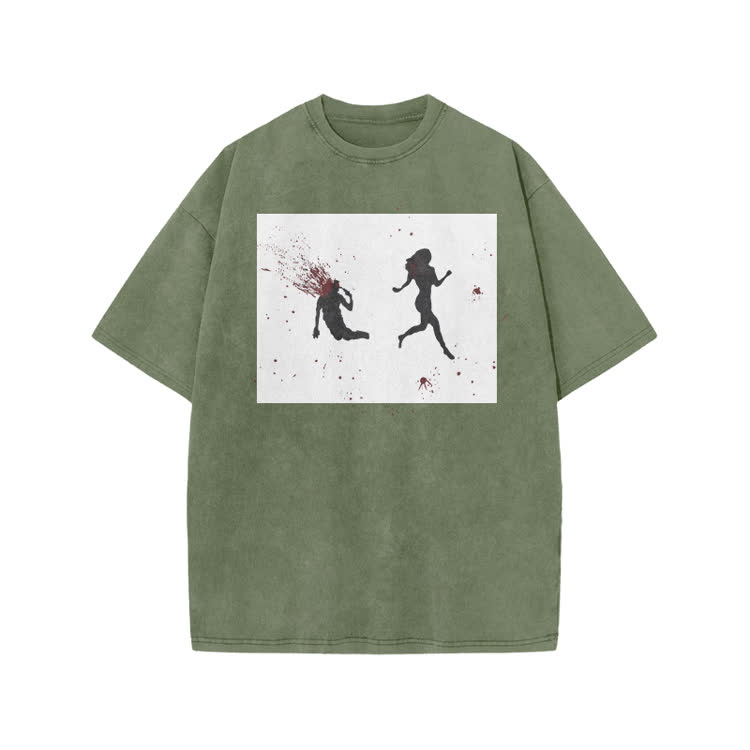 “Run Away”Girl Graphic Print Acid Washed T-shirt - Army Green - US20-22(3XL) - image 5
