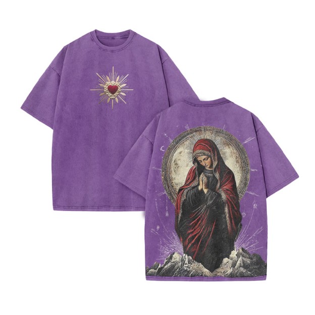 Virgin Mary Religious Streetwear Print Acid Washed T-shirt - Purple - US20-22(3XL) - image 8