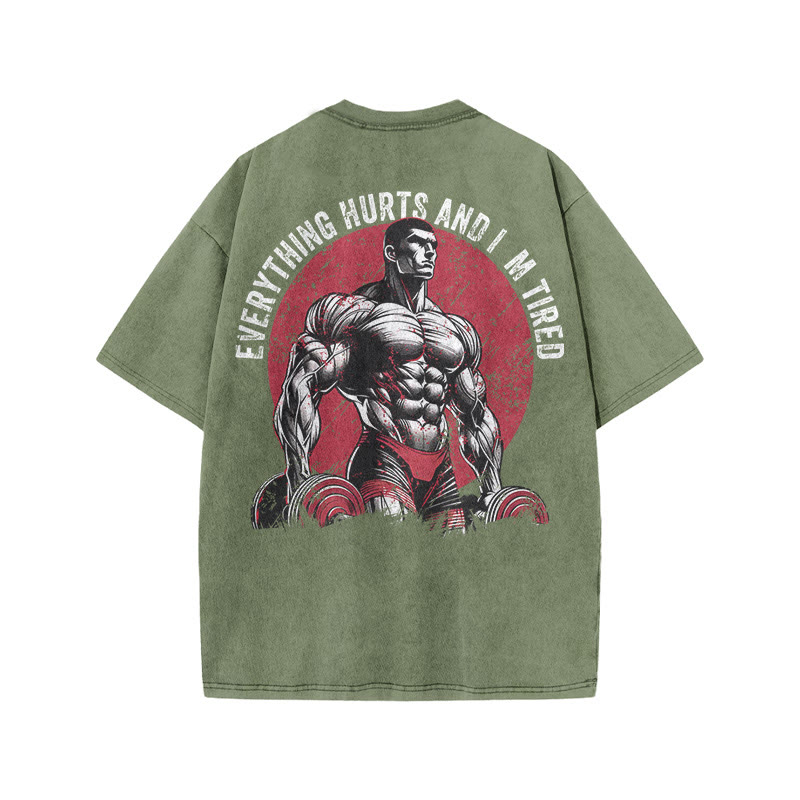 Gym 100% Cotton Everything Hurts And I'm Tired Print Acid Washed T-shirt - Army Green - US20-22(3XL) - image 6