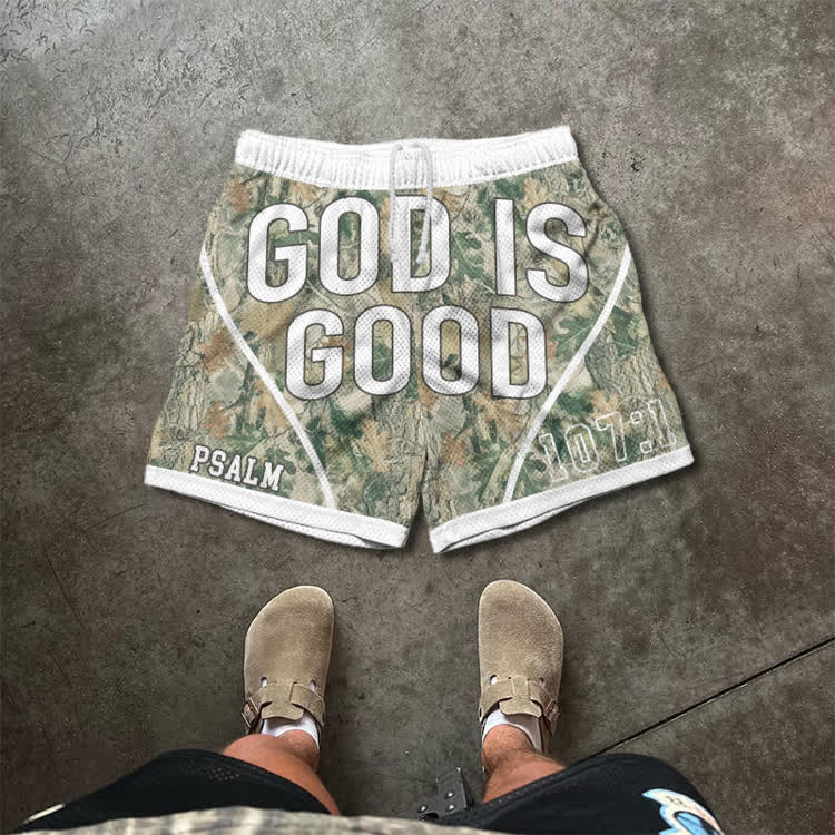 Street Camo God Is Good Graphic Print Mesh Shorts - Green - 5XL - image 3