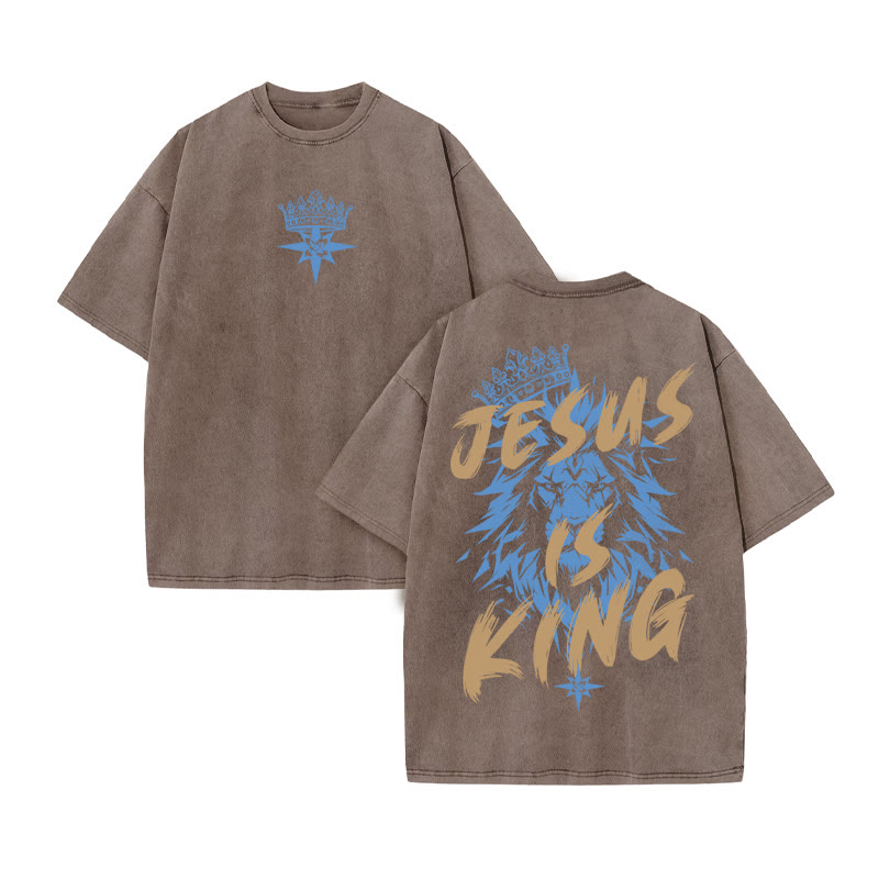 Unisex 100% Cotton JESUS IS KING print Acid Washed T-shirt - Coffee - US20-22(3XL) - image 8