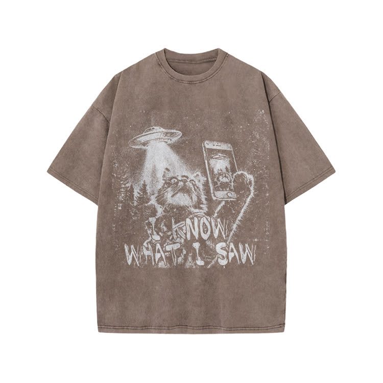 Vintage UFO Cat  I Know What I Saw Graphic Washed T-Shirt - Coffee - US20-22(3XL) - image 3