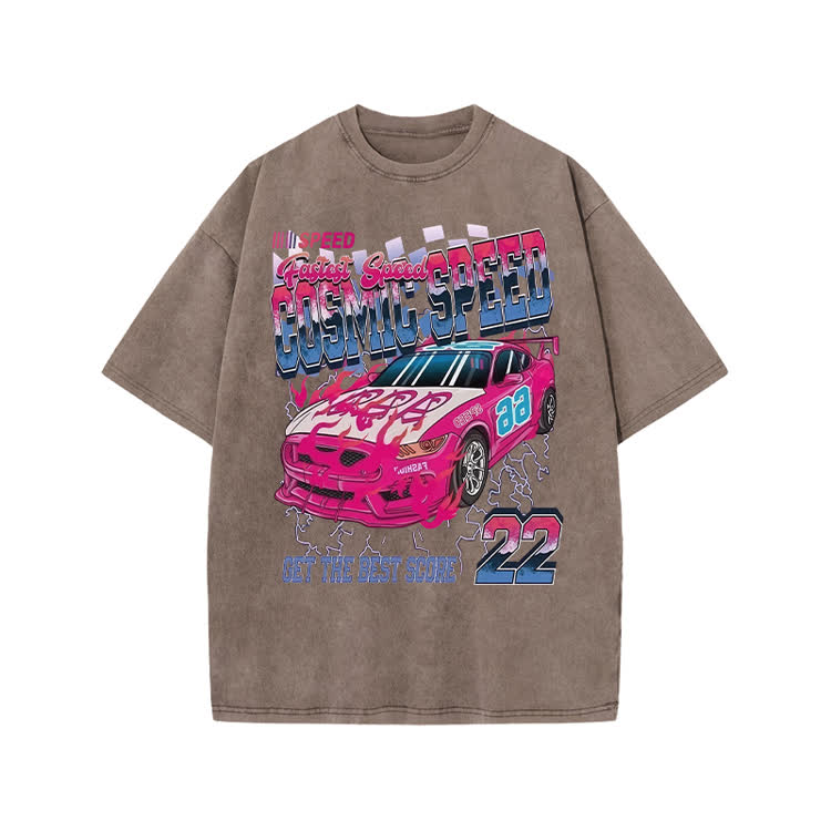 Street Cosmic Speed Racing Graphic Print Acid Washed T-shirt - Coffee - US20-22(3XL) - image 5