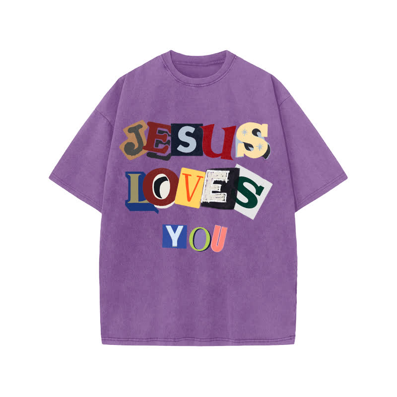 Unisex 100% Cotton JESUS LOVES YOU Print Acid Washed T-shirt - Purple - US20-22(3XL) - image 9