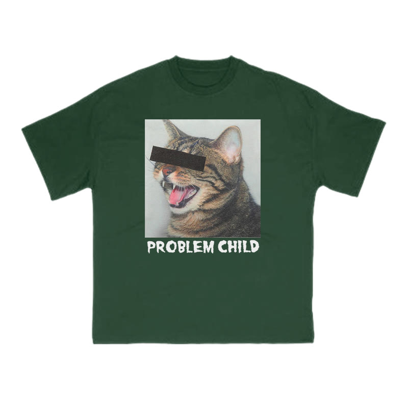 Unisex 100% Cotton Problem Child Cat Print T-shirt - Dark Green - US16-18(2XL) - image 8