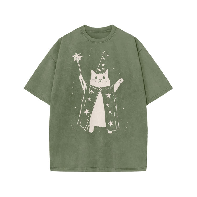 Vintage Wizard Cat Graphic Print Acid Washed T-shirt - Army Green - US20-22(3XL) - image 4