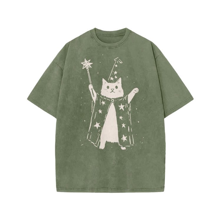 Vintage Wizard Cat Graphic Print Acid Washed T-shirt - Army Green - US20-22(3XL) - image 4