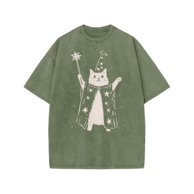 Vintage Wizard Cat Graphic Print Acid Washed T-shirt - Army Green - US20-22(3XL) - image 4