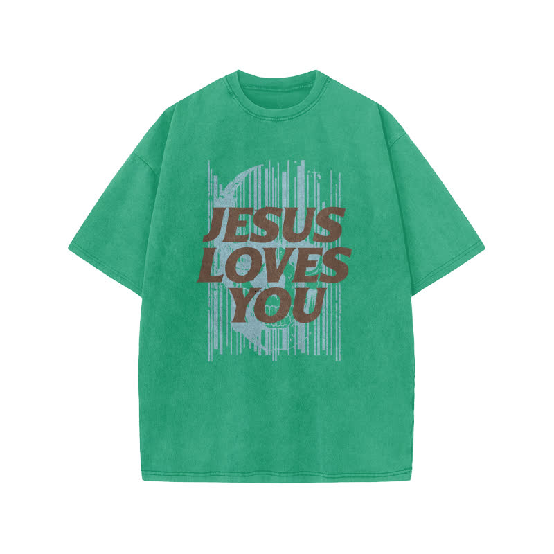 Unisex Cute Jesus Love Transcends All Print Acid Washed T-shirt - Green - US20-22(3XL) - image 6