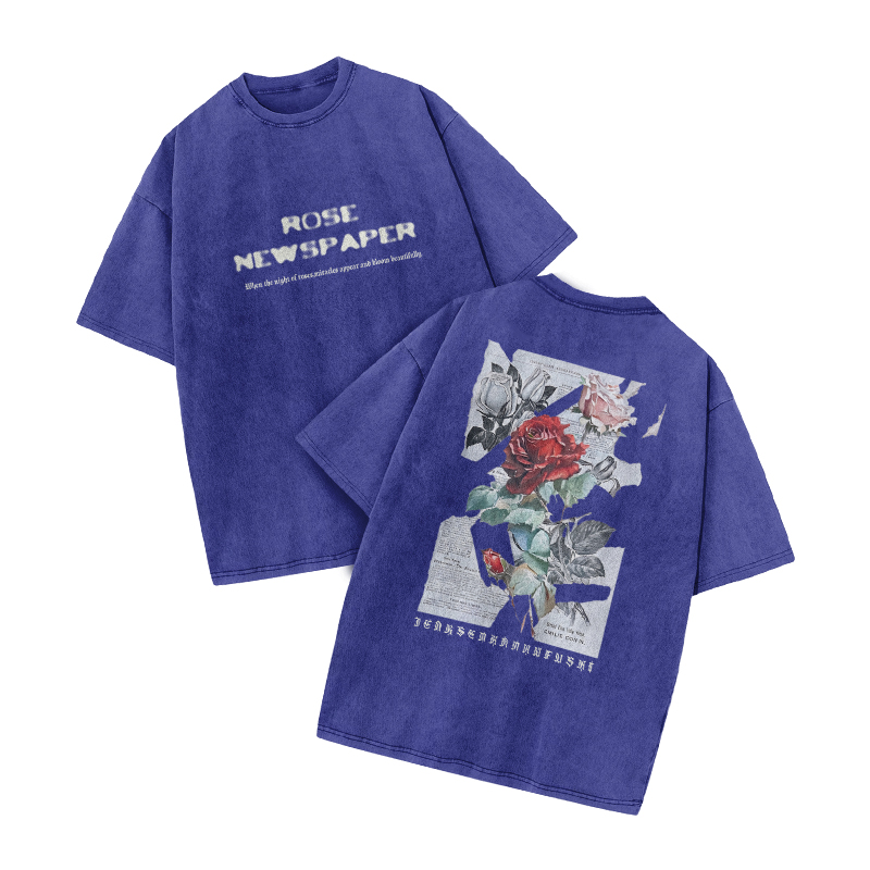 Rose Newspaper Print Acid Washed T-shirt - Blue - US20-22(3XL) - image 9