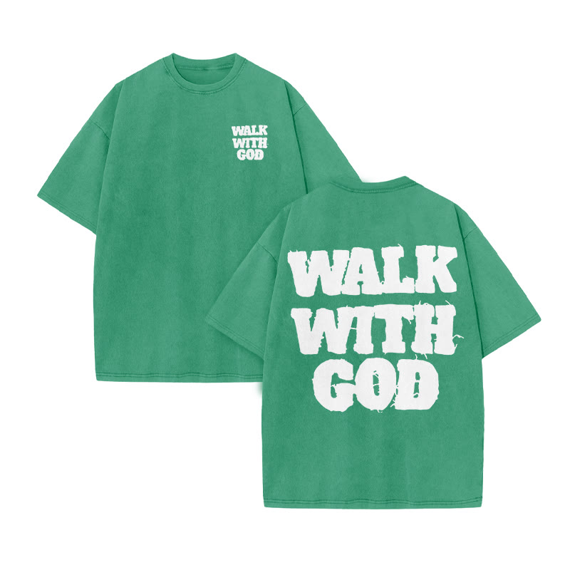 Unisex Walk With God Print Acid Washed T-shirt - Green - US20-22(3XL) - image 5