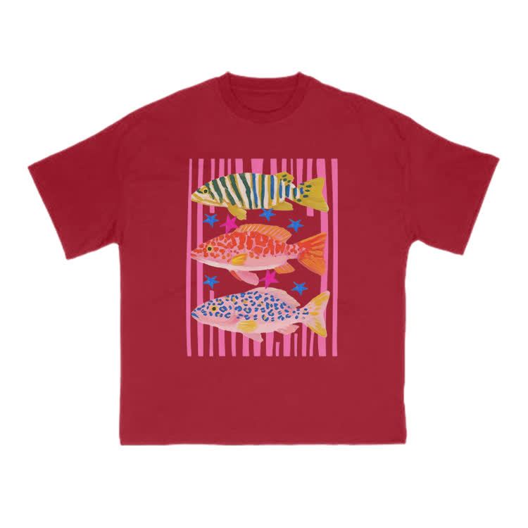 Playful Tropical Fish Graphic Crew Neck T Shirt - Red - US16-18(2XL) - image 11