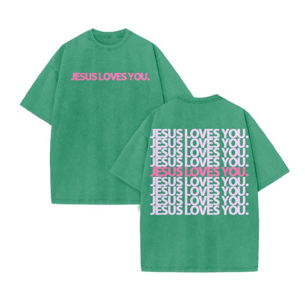 Jesus Loves You Color-blocking Print Acid Washed T-shirt - Green - US20-22(3XL) - image 9
