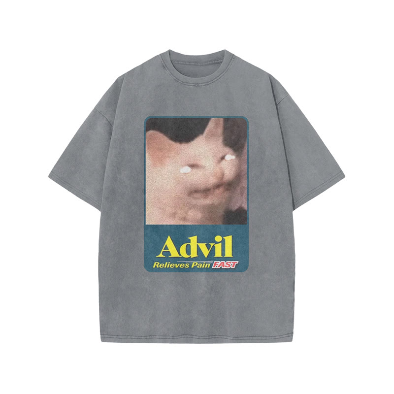 Relieves Pain Fast Crying Cat Funny Print Acid Washed T-shirt - Grey - US20-22(3XL) - image 3