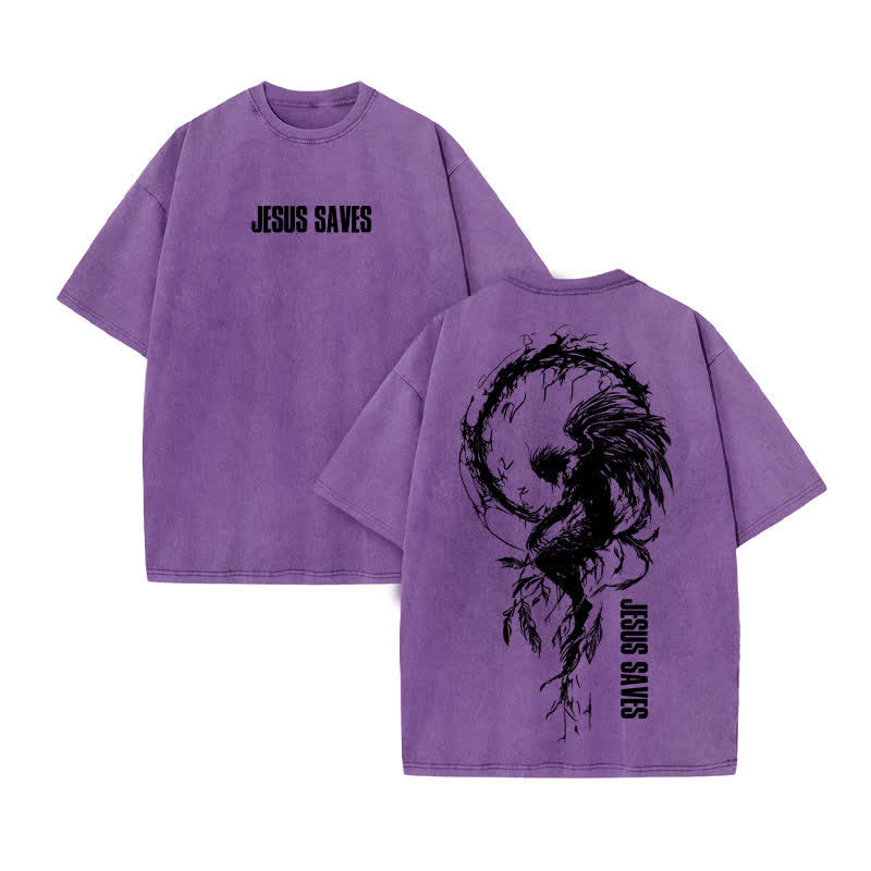 Unisex 100% Cotton Jesus Saves Print Acid Washed T-shirt - Purple - US20-22(3XL) - image 9
