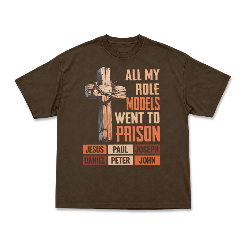 Cross and All My Role Models Went to Prison Statement Graphic T-Shirt - Coffee - US16-18(2XL) - image 11