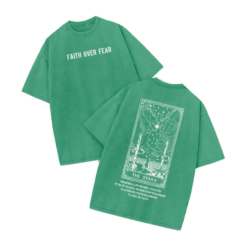 Faith Over Fear Tarot 17 The Star Print Acid Washed T-shirt - Green - US20-22(3XL) - image 6